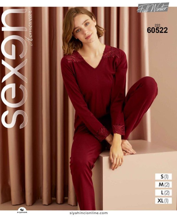 بلوز شلوار راحتی زنانه زرشکی گیپوردار کد60522